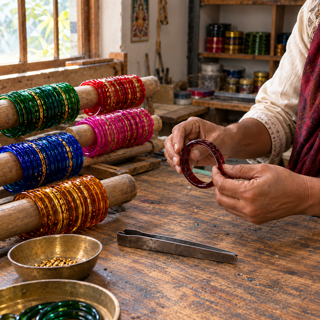 Glass bangle artisan inspecting a handmade wine-coloured bangle in a traditional workshop