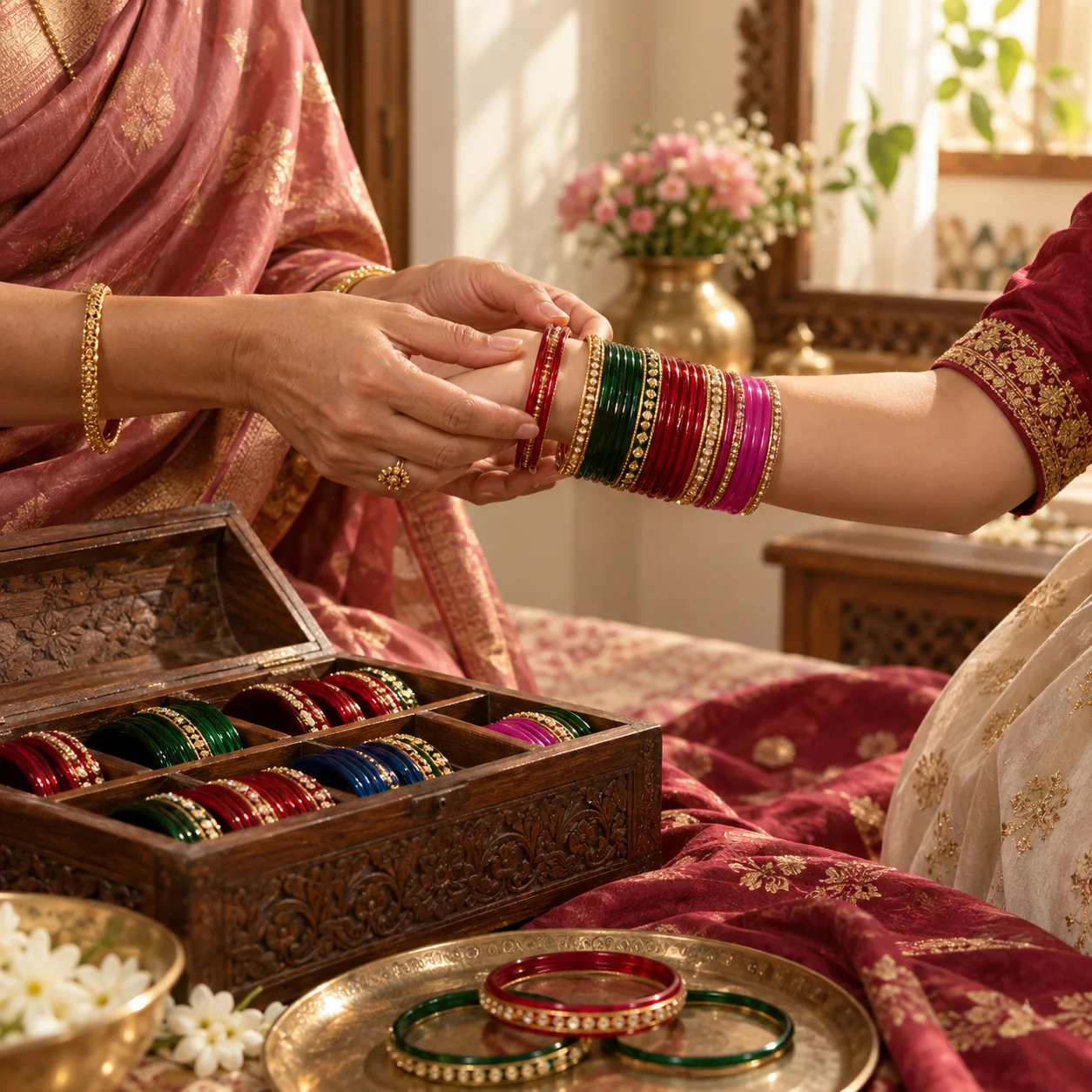 Two generations sharing the tradition of colourful Indian glass bangles