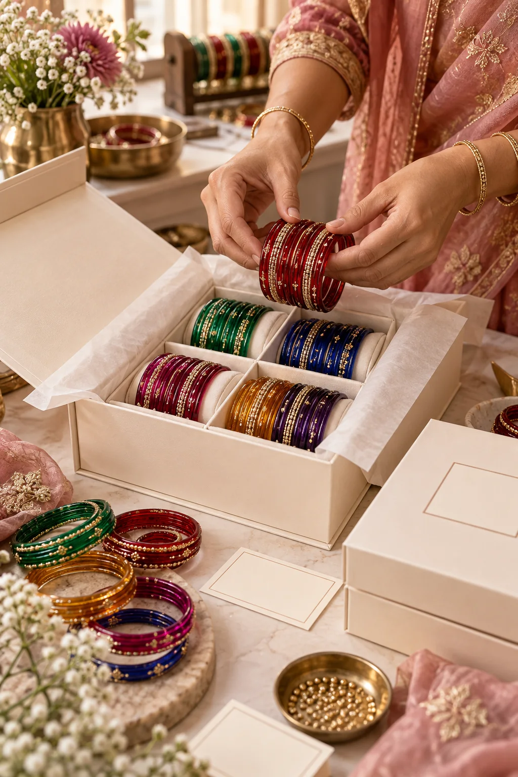 Artisan inspecting glass bangles and arranging them in private-label packaging